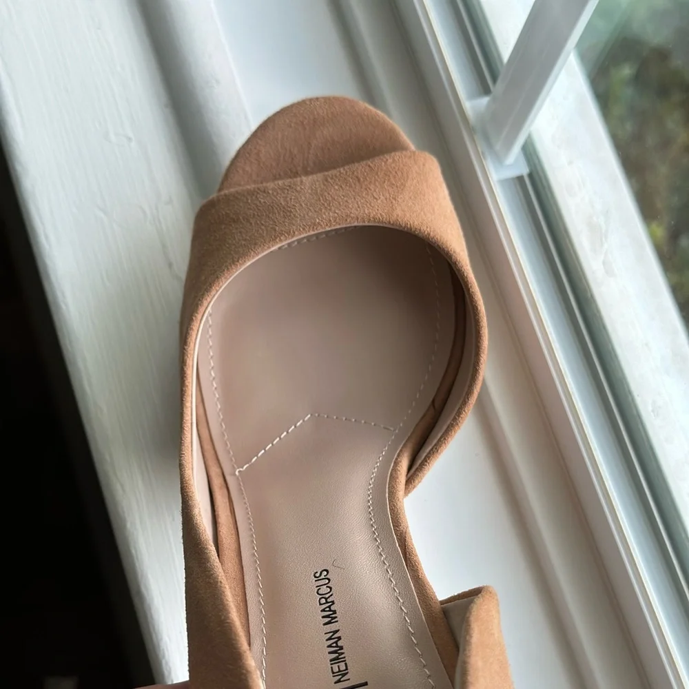 Neiman Marcus tan suede peep toe pumps.